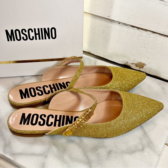 Moschino Pointed Toe Glitter Logo Flats - Picture 7 of 7